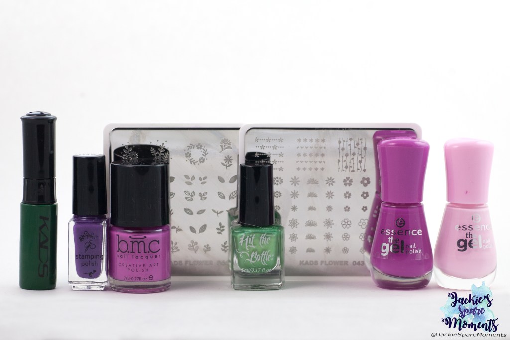 Materials used: essence the gel polish 95 vibrant purple, essence the gel polish 55 be awesome tonight, KADS stamping polish "dark green", CJS stamping polish 016, Maniology stamping polish eldorado, Hit the bottle stamping polish cactus juice, KADS stamping plates FLOWER 043 and 044.