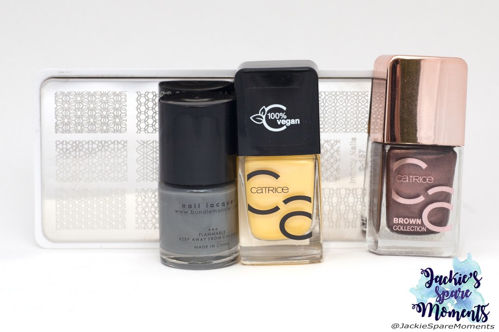 Materials used for stamped graphic art inspired floral pattern: Dashica Infinity Nails stamping plate 157, Maniology stamping polish storm cloud, Catrice ICONails 68 Turn the lights on, Catrice Brown Collection 01 Fashion Addicted.