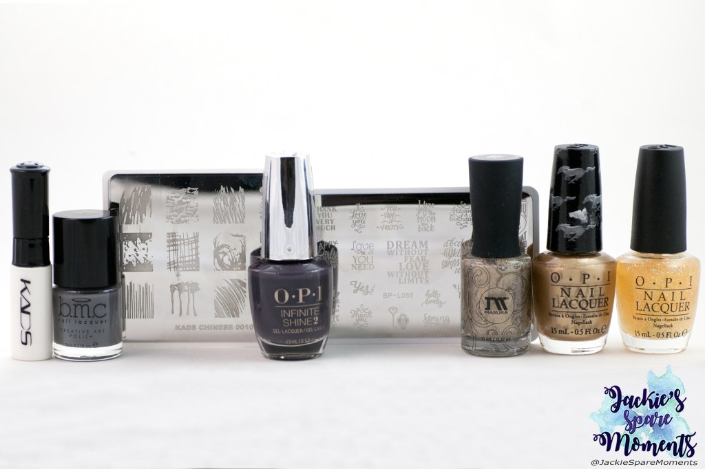 Materials used: OPI Suzi & the Arctic Fox, OPI 50 years of style, OPI I don't speak meek, Masura delicate luxury, KADS white stamping polish, Maniology stamping polish storm cloud, KADS stamping plate Chinese 0010 (lines), BornPretty stamping plate BP-L055 (text)