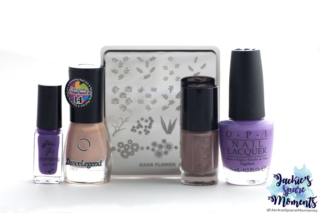 Materials used: CJS stamping polish 016, DanceLegend stamping polish Beige, Etos nail polish 48 Sahara, OPI Nail Lacquer A Grape Fit and KADS stamping plate FLOWER 047