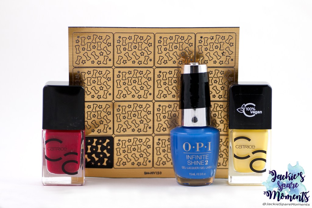 Materials used: Catrice ICONails Nail Lacquer 02 Bloody Mary To Go, OPI Tile Art To Warm Your Heart, Catrice ICONails 68 Turn The Lights On, Maniology nail art vinyls BM-NV150