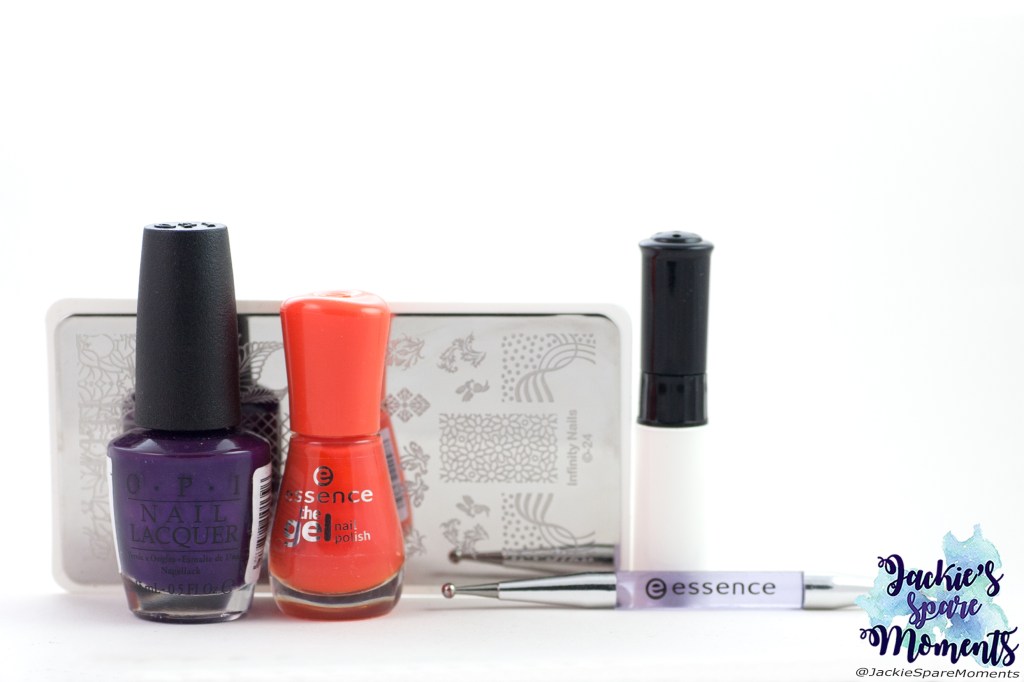 Materials used for floral nail art: OPI Nail Lacquer I Carol About You, Essence the gel polish 96 orange to go, white stamping polish, Dashica Infinity Nail stamping plate 24, essence dotting tool.