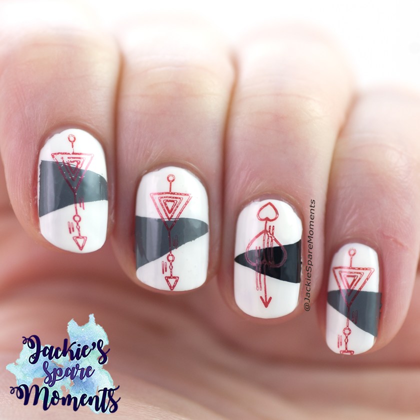 Abstract stamping nail art in White, Gray, Black and Red