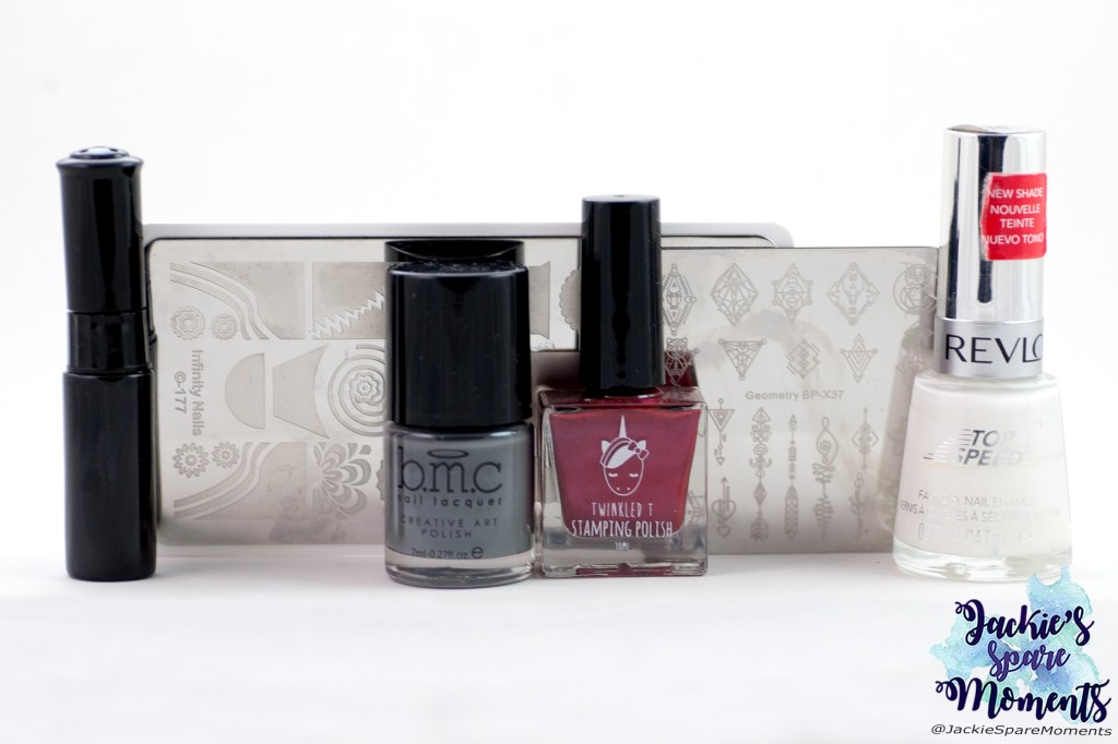 Materials used: Revlon TopSpeed 335 Spirit, KADS black stamping polish, Maniology stamping polish Storm Cloud, Twinkled T stamping polish Swerve, Dashica Infinity Nail stamping plate 177, BornPretty stamping plate Geometry BP-X37