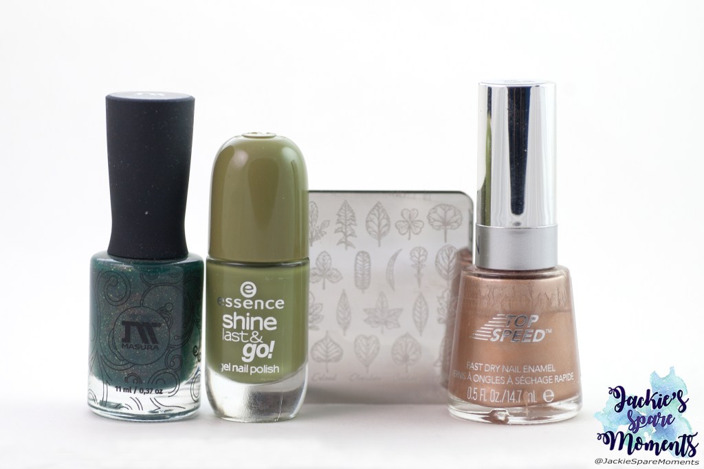 Materials used: Masura Evergreen, Essence shine last & go 50 I am what I am, Revlon Top Speed 24K, Maniology stamping plate BM-S321