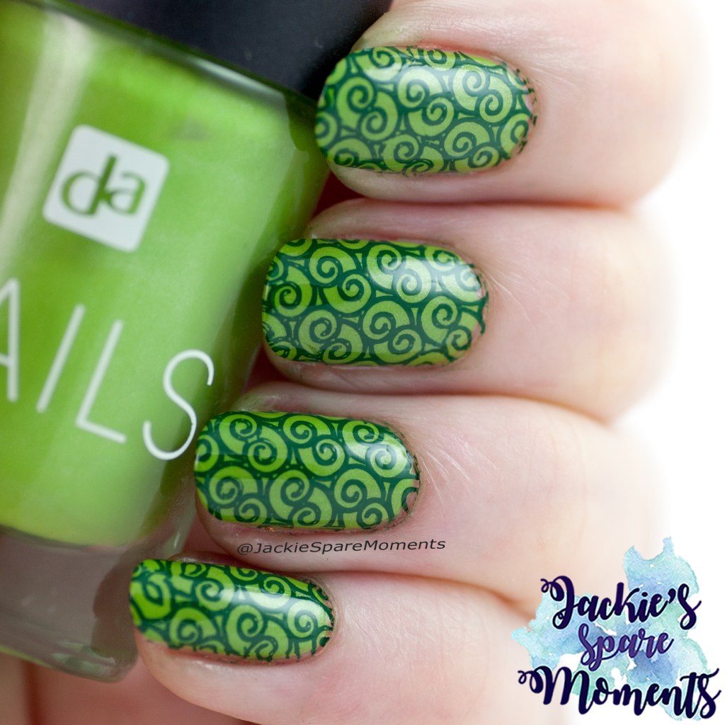 Green nails with green stamping, St. Patrick nail art