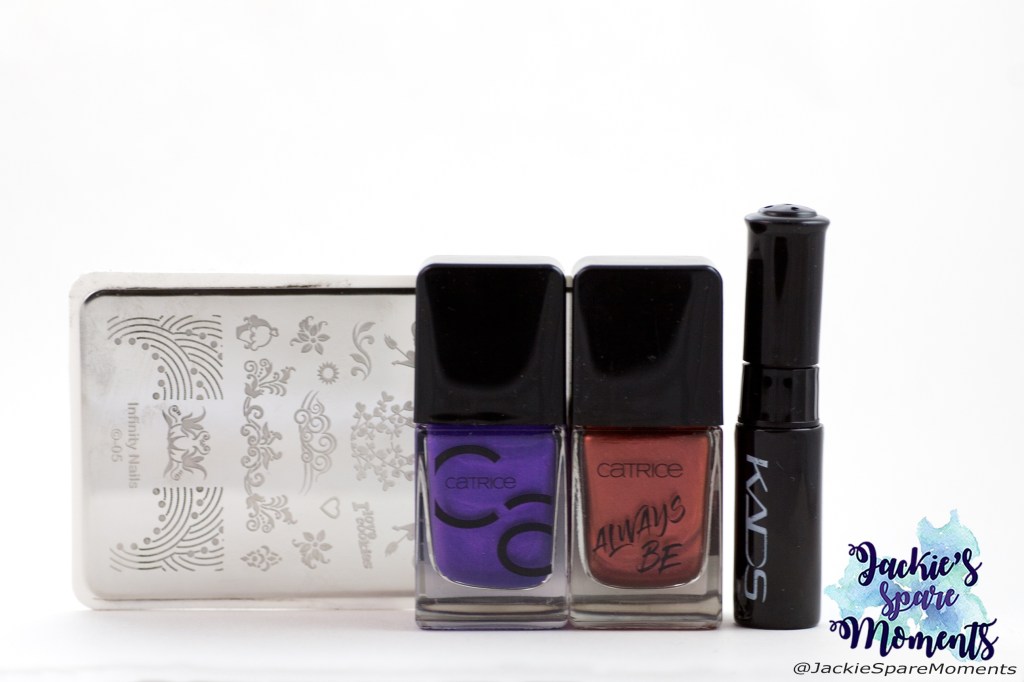Materials used: Catrice ICONails 69 If Not Purple... Then What?, Catrice ICONails 58 Good Nails Only, KADS black stamping polish, Dashica Infinity Nails stamping plate 05