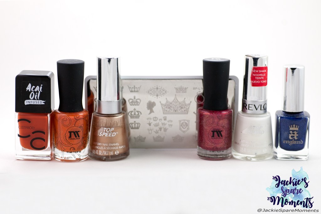 Materials used for King's Day nail art: Catrice ICONails 83 Orange is the new black, Masura Orange Fresh, Revlon TopSpeed 835 24K, Masura I did not say no, Revlon Spirit, A-England Katherine Parr, Bornpretty stamping plate BP-L104