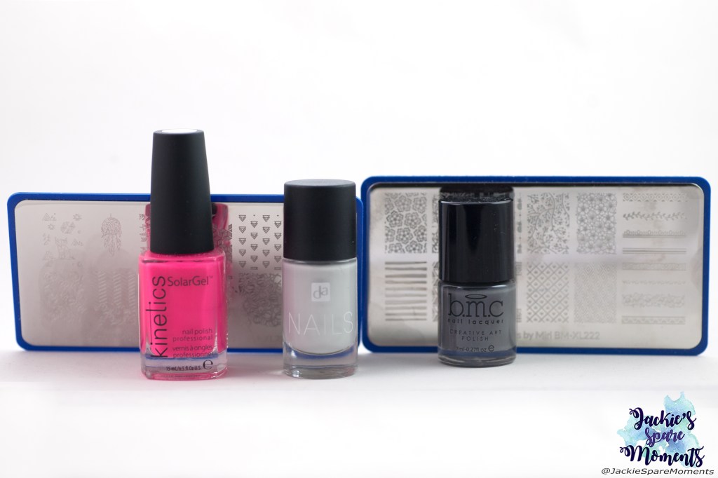 Kinetics Solar Gel nail polish KNP308 Raspberry Mojito, DA Nails 10 shades of grey, Maniology stamping polish storm cloud, Maniology stamping plates BM-XL216 and BM-XL222