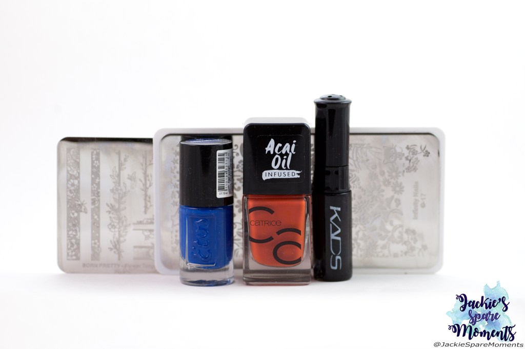 Materials used: Etos nail polish 44 Marrakech, Catrice ICONails 83 Orange Is The New Black, KADS stamping polish black, BornPretty stamping plate Flower Tango S001, Dashica Infinity Nails stamping plate 17