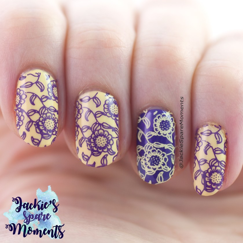Yellow and purple floral stamping nail art