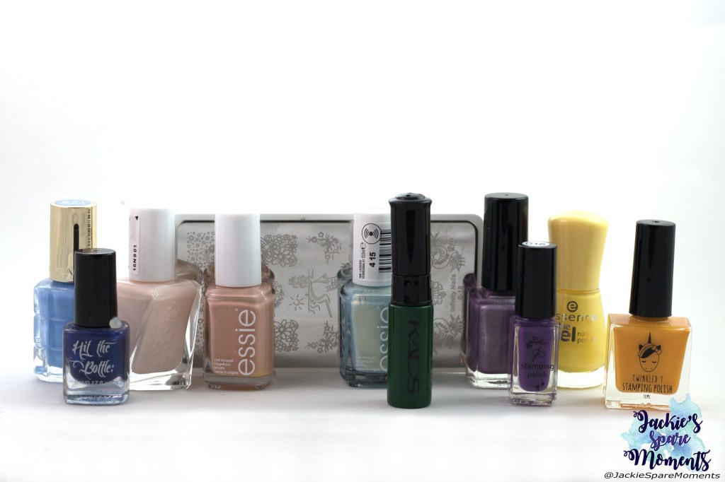 Materials used: L'Oreal 671 Monsieur Bleu, Essie Gel Couture satin slipper, Essie perennial chic, Essie classical cliche, Wikkid polish Parma Violets, Essence 38 love is in the air, Stamping polishes: hit the bottle Navy Jones's Locker, KADS green, CJS 016, Twinkled T Saucey, Hit the bottle From beyond the Greige, Dashica Infinity Nails stamping plate 18