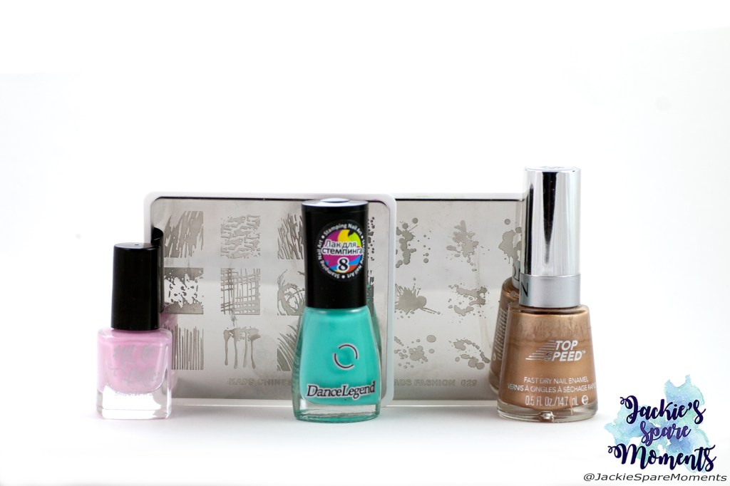 Materials used: Revlons TopSpeed 24K, DanceLegend stamping polish Mint, Hit the bottle stamping polish Bubblegum Bliss, KADS stamping plate Chinese 0010 and Fashion 029