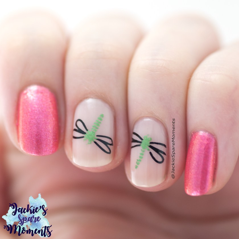Dragonfly nail art using OPI I Can't Hear Myself Pink and Catrice More Than Nude 06 Roses Are Rosy