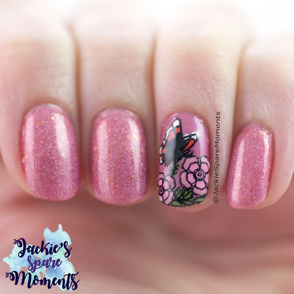 Butterfly nail art inspired by red admiral butterfly on hydrangea bush