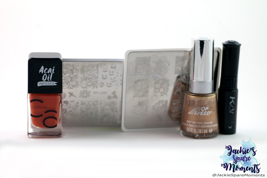 Materials used for Halloween mani: Catrice ICONails 83 Orange Is The New Black, Revlon TopSpeed 835 24K, KADS black stamping polish, BornPretty stamping plate BP-L099, KADS MIN 026