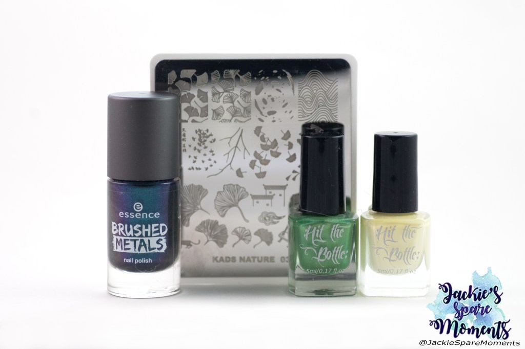 Materials used: essence brushed metals 05 I'm cool with it, Hit the bottle stamping polishes Lemon Meringue Fizz and Cactus Juice, KADS nature stamping plate 037