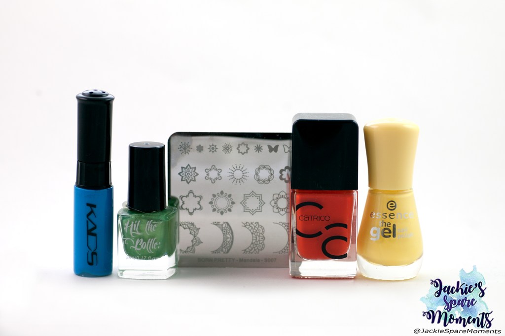 KADS stamping polish sky blue, Hit the Bottle stamping polish Cactus Juice, Catrice ICONails 46 Work hard, play orange, essence the gel nail polish 38 love is in the air, Born Pretty stamping plate Mandala S007 and Hit the bottle stamping polish Lemon Meringue Fizz (not pictured).