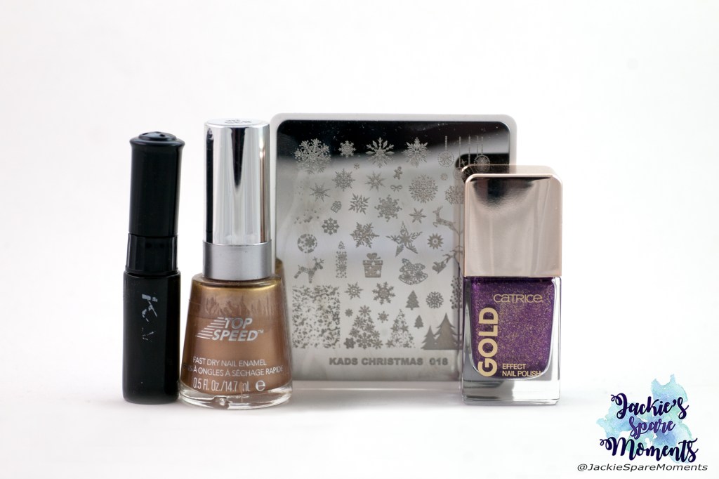 Catrice Gold effect nail polish 06 Splendid Atmosphere, Revlon 835 24K, KADS stamping polish black, KADS stamping plate Christmas 018
