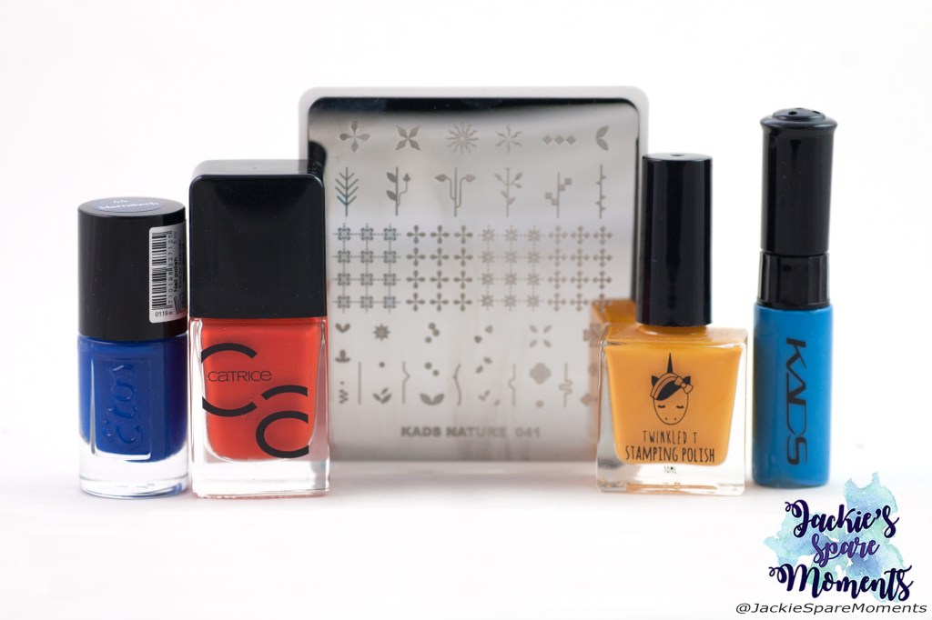 Materials used: Etos Marrakech, Catrice 46 Work Hard, Play Orange, Twinkled T stamping polish Saucey, KADS stamping polish 030, KADS Nature 041