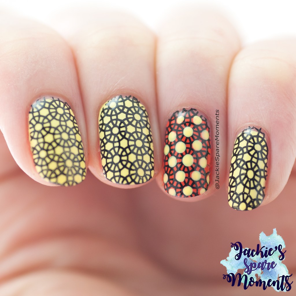 Abstract nail art, nail stamping in Yellow, Orange and Black