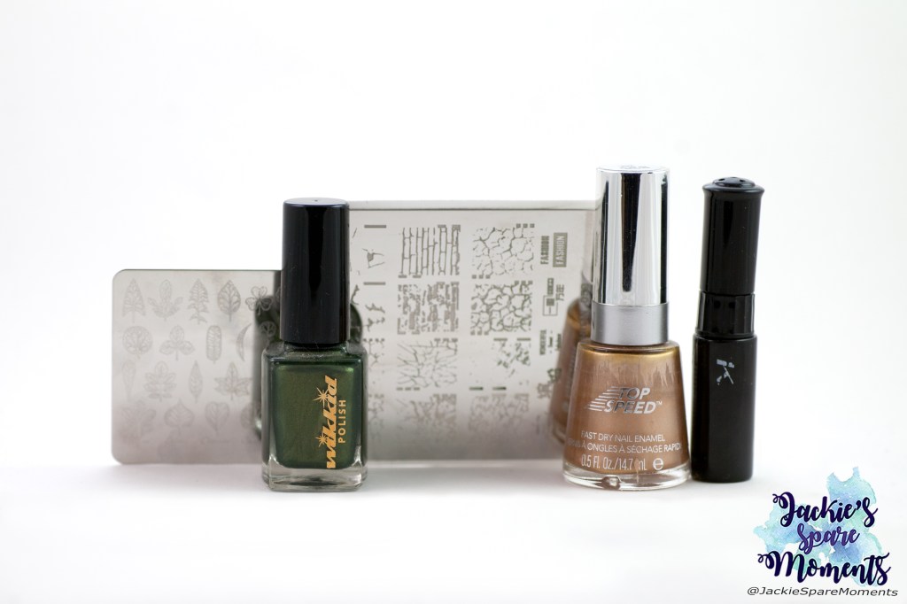 Materials used: Wikkid polish Forest, Revlon Top Speed 24K, black stamping polish, KADS stamping plate Fashion 059, Maniology stamping plate BM-S321