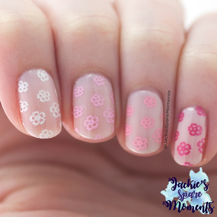 Gradient stamping, light pink spring nail art.