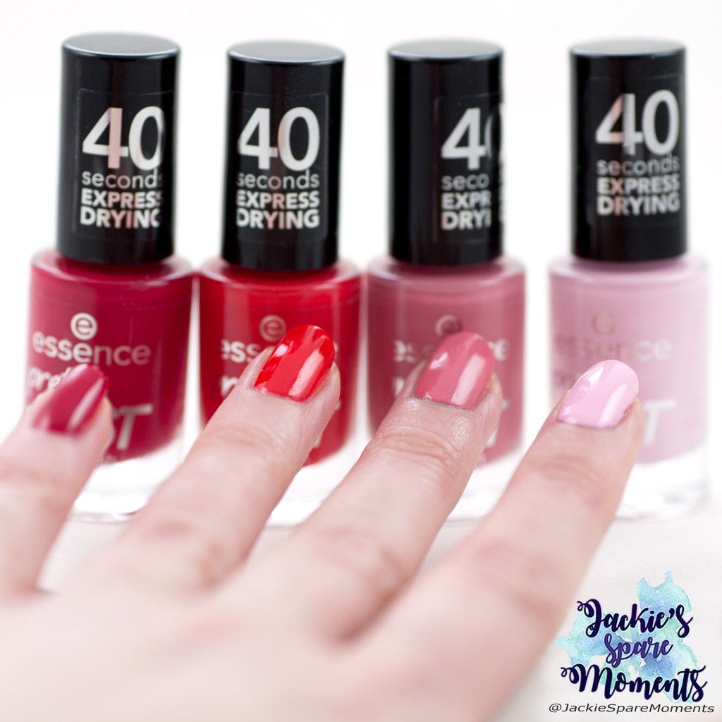 Skittle mani using essence pretty fast nail polish in the colours 04 cherry on the run, 03 ready steady red, 02 blush rush and 01 quick'n pink.