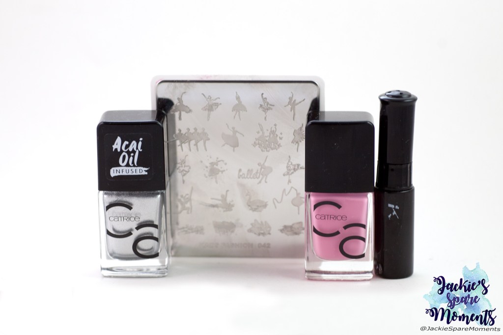 Nail polises used for ballet nail art: Catrice ICONails 30 Keep Calm And Pink, 81 Metal Speaks Louder Than Words, KADS black stamping polish, KADS stamping plate Fashion 042