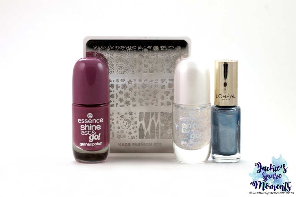 Essence shine last and go gel nail polish 79 Never let me down, KADS stamping plate Fashion 076, essence shine last & go gel nail polish 68 A star is born, L'Oreal color riche 817 Saphir treasure (for stamping)