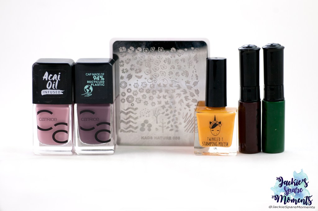 Left to right: Catrice ICONails 88 Pink Makes The Heart Grow Fonder, Catrice ICONails 102 Ready, Set, Taupe!, KADS stamping plate Nature 056, Twinkled T Stamping Polish Saucy, KADS stamping polish brown and green.