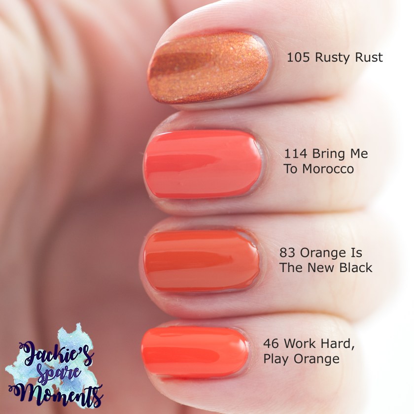 Catrice ICONails 114 Bring Me To Morocco compared to Catrice 105 Rusty Rust, 83 Orange Is The New Black and 46 Work Hard, Play Orange.