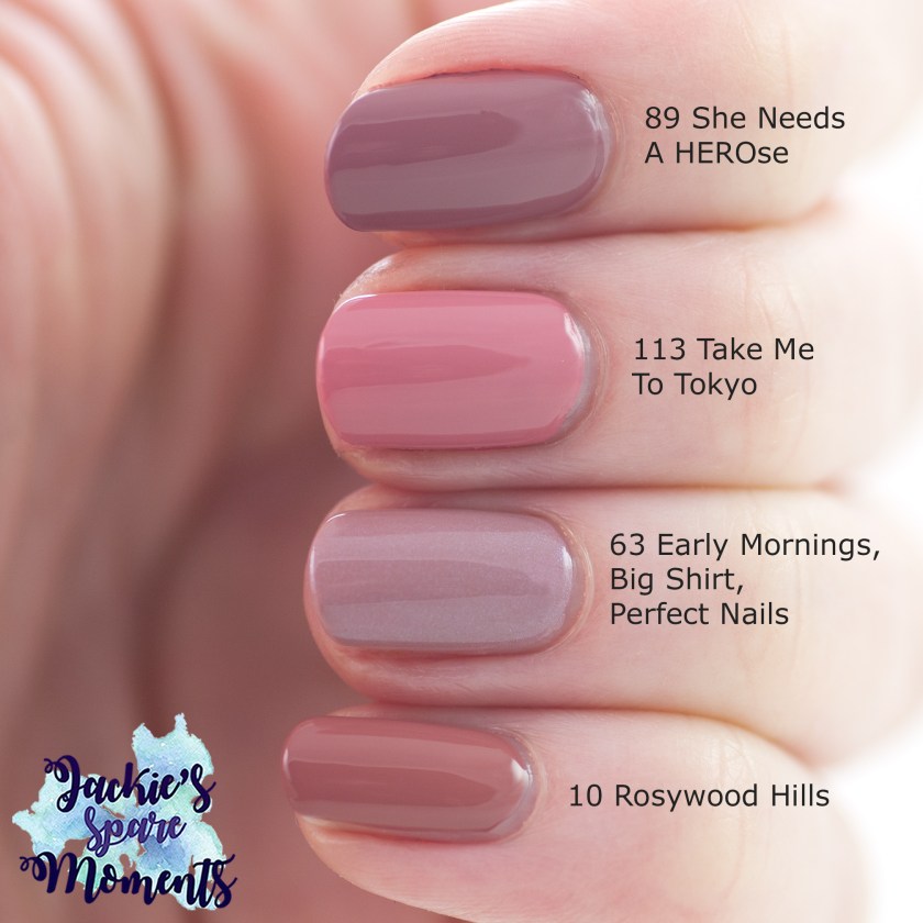 Catrice 113 Take Me To Tokyo compared to Catrice 89 She Needs A HEROse, Catrice 63 Early Mornings, Big Shirt, Perfect Nails and Catrice 10 Rosywood Hills