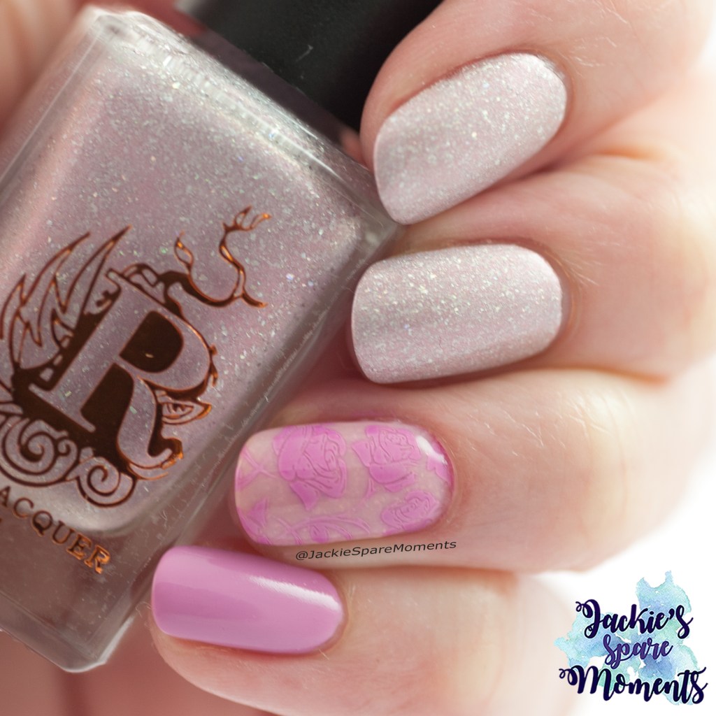 Mother's Day Manicure with Rogue Lacquer Barely Blush, Essie moments to mrs., OPI Lucky, lucky lavender and stamped with a rose image from Moyra Stamping Plate mini series number 104. Stamping polish used: Bundle Monster eldorado.