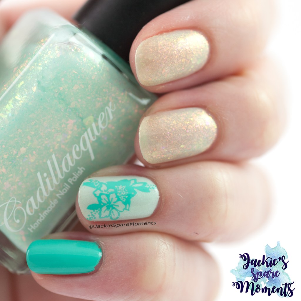 Cadillacquer Cradle of Echoes in skittle mani with Essie seas the days and mint green stamping polish. Image is from KADS fashion 081 stamping plate