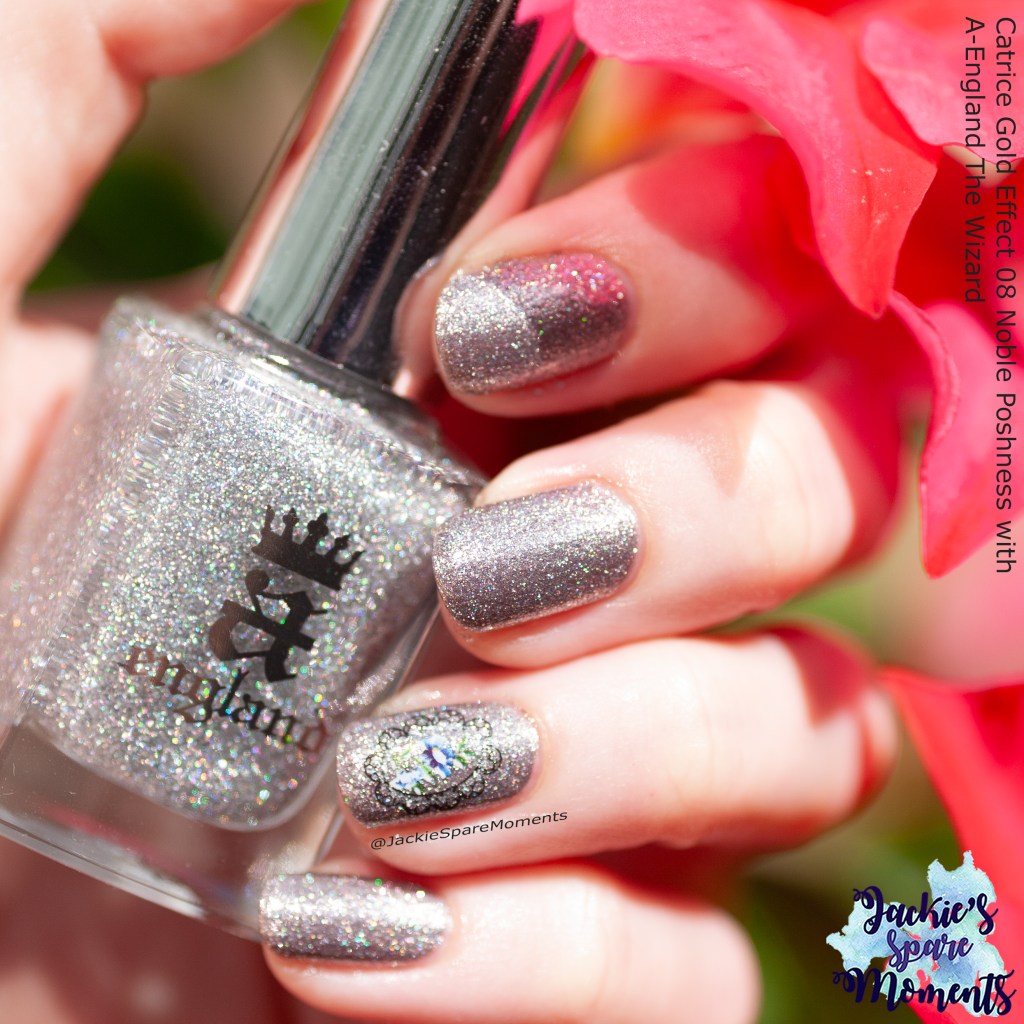 Catrice Gold Effect nail polish 08 Noble Poshness with A-England The Wizard and water decal on accent nail.