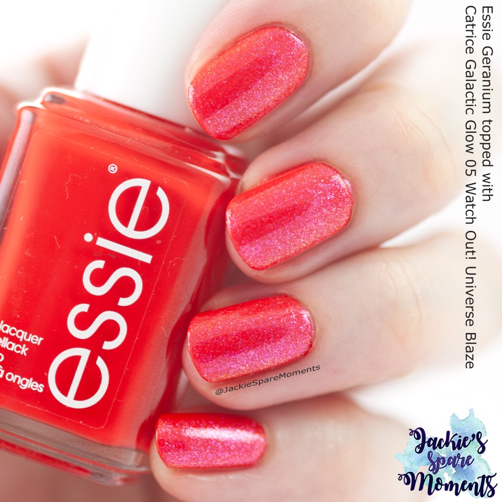 Essie geranium topped with Catrice Galactic Glow 05 Watch Out! Universe Blaze