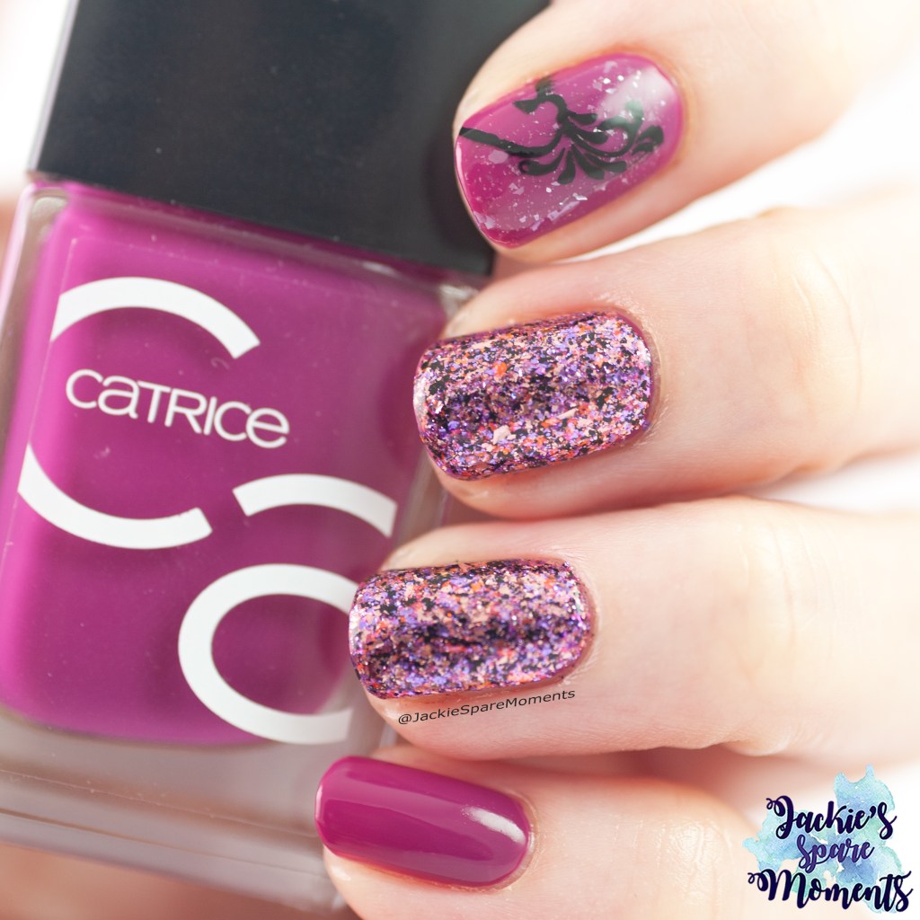 Catrice ICONails 177 My Berry First Love and Rogue Lacquer Dark Petals and accent nail art