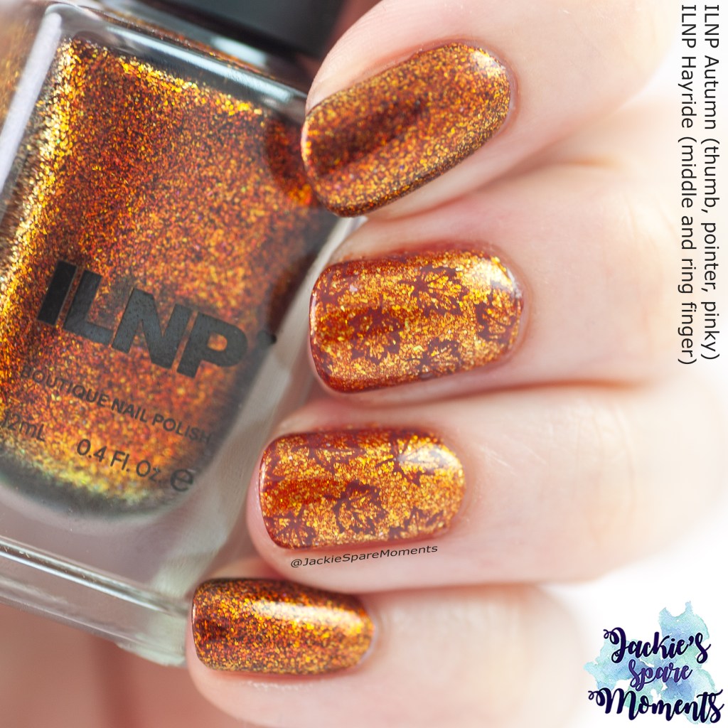 ILNP Autumn and ILNP Hayride with accent nail art (nail stamping)