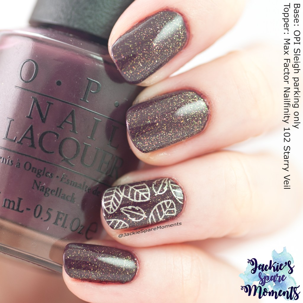 OPI Sleigh parking only with Max Factor Starry Veil and accent nail stamping