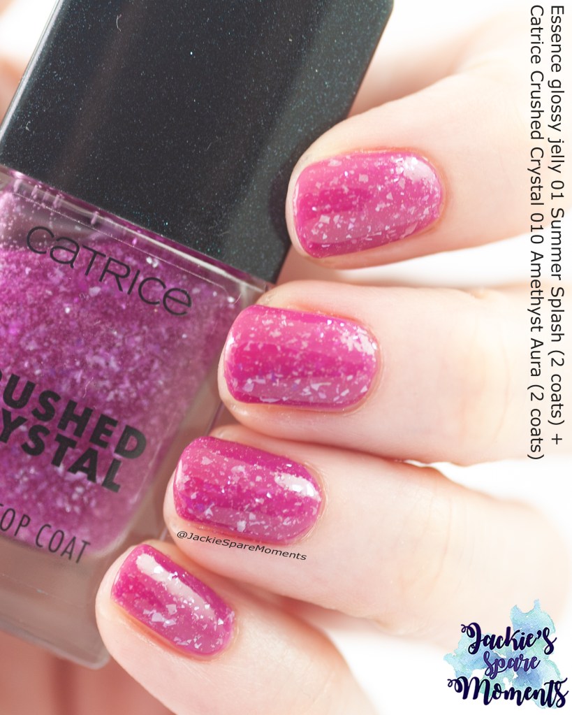 Two coats of essence glossy jelly nail polish 01 summer splash with two coats of Catrice Crushed Crystal effect top coat 010 Amethyst Aura