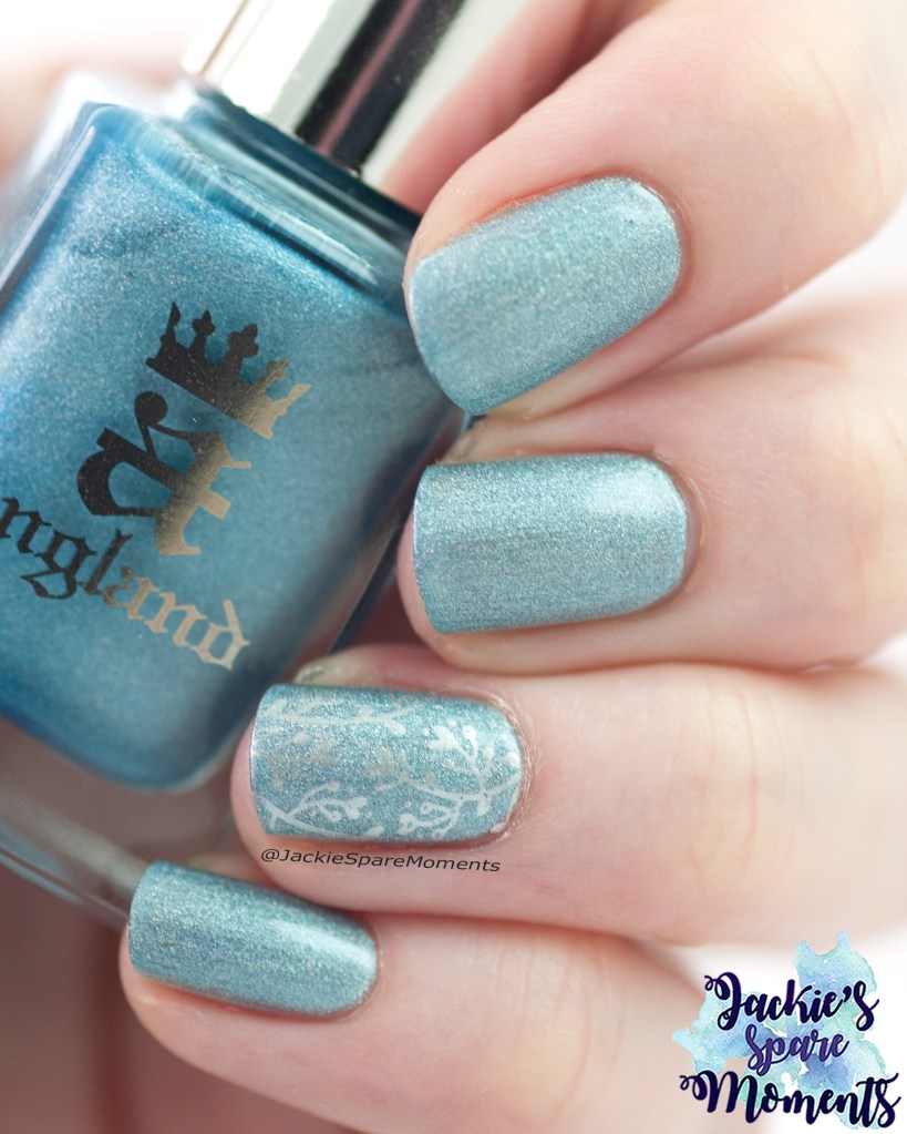 A England Symphony in blue and silver with accent nail art through stamping