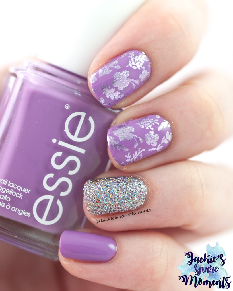 Essie Play date with accent nail of essence holo rainbow 01 hello holo and flowers stamped from KADS Flower 052