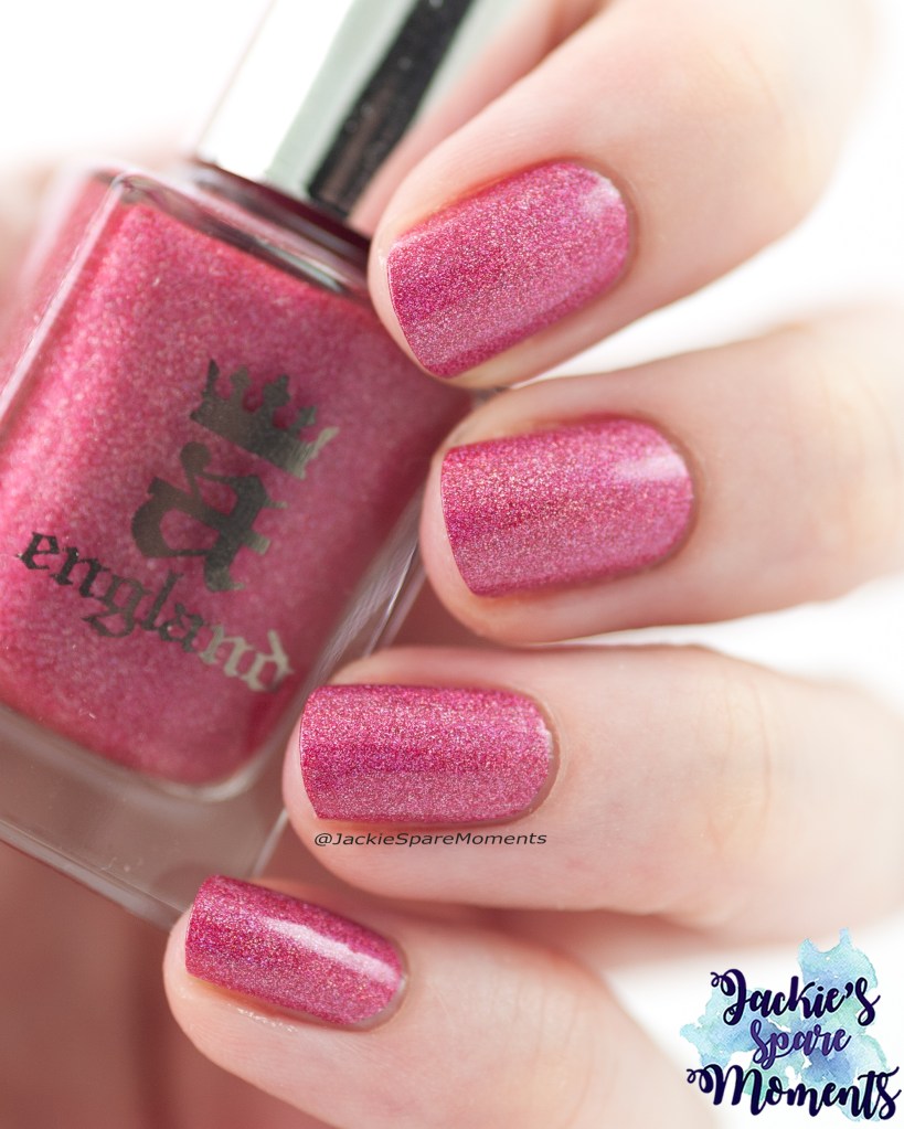 A England Chamuel bold red-pink holographic nail polish