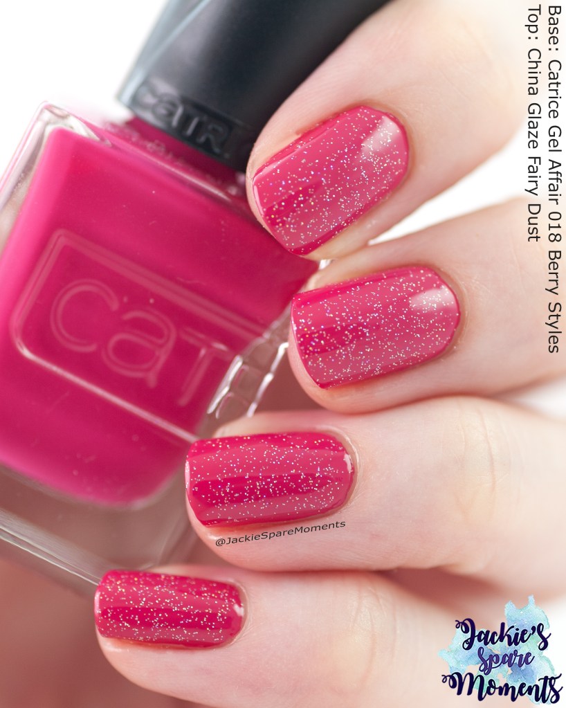 Catrice Gel Affair 018 Berry Styles with China Glaze Fairy Dust hot berry pink nail polish with holographic glitter top coat