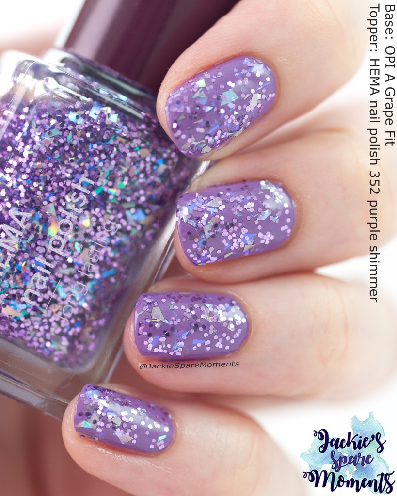 OPI A Grape Fit with HEMA nail polish 352 purple shimmer. Grape purple nail polish with topper that has purple metallic hex glitters, iridescent flakes and holographic flakes. 