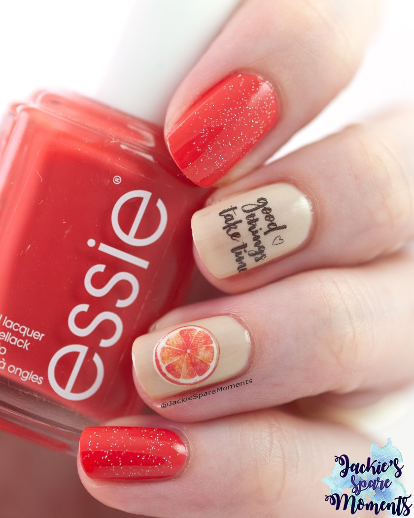 Essie Chubby Cheeks, Essie pass-port to sail with water decal nail art and topped with China Glaze Fairy Dust