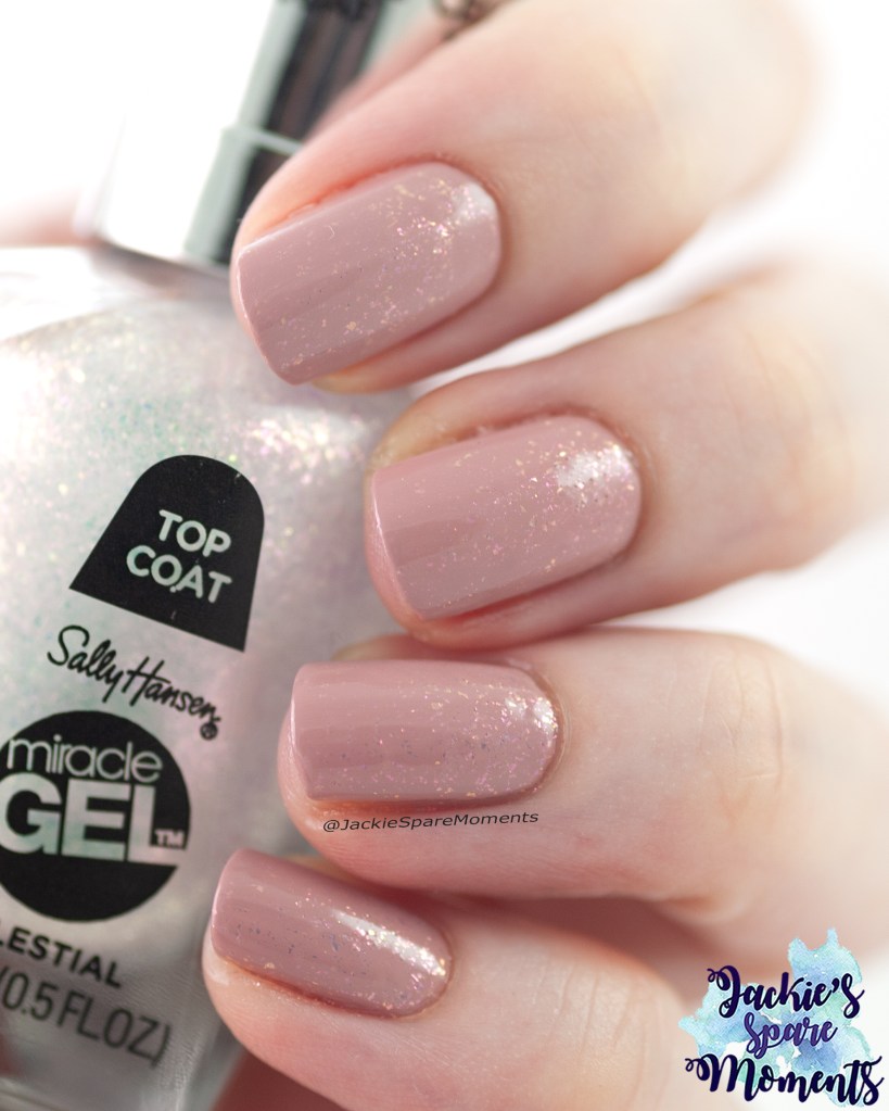 Two coats of Essie Gel Couture Princess Charming with one coat of Sally Hansen Celestial Top Coat. 